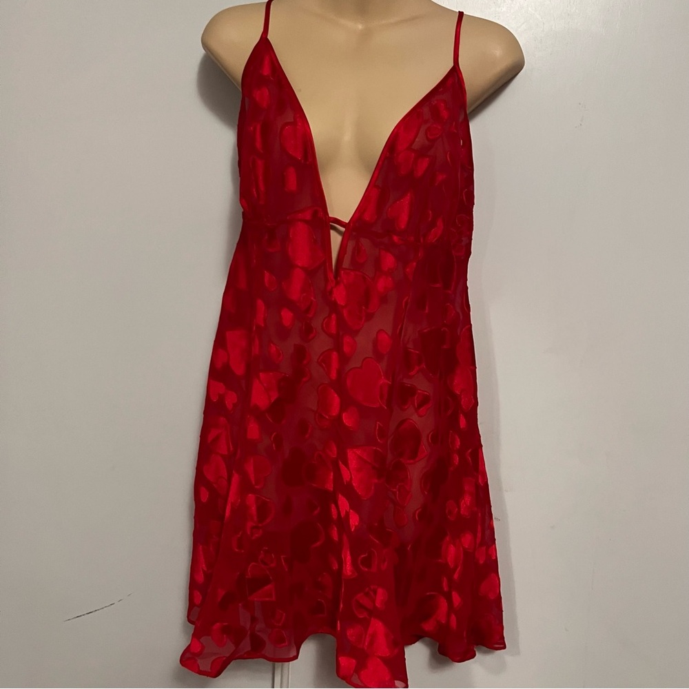 Frederick's of Hollywood Red Satin Heart-Print Slip Chemise